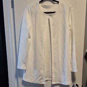 Cardigan, jacket, white open front, unbranded, lightweight but warm, medium.